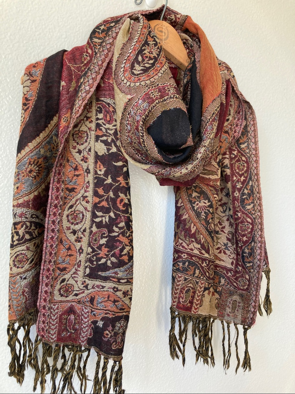 Novica Wool paisley floral fall autumn Colors fringed scarf wrap Whimsigoth boho